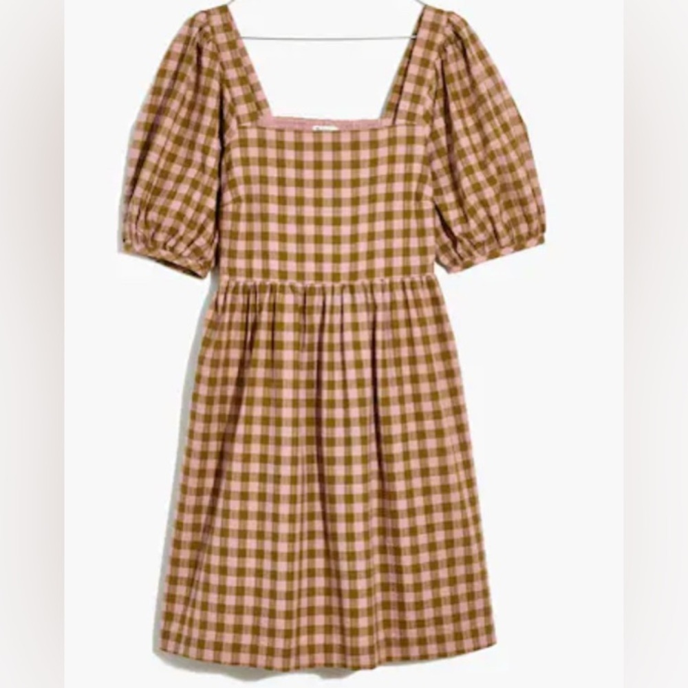 NEW- Madewell Square-Neck Puff-Sleeve Dress in Gingham Seersucker. Medium.